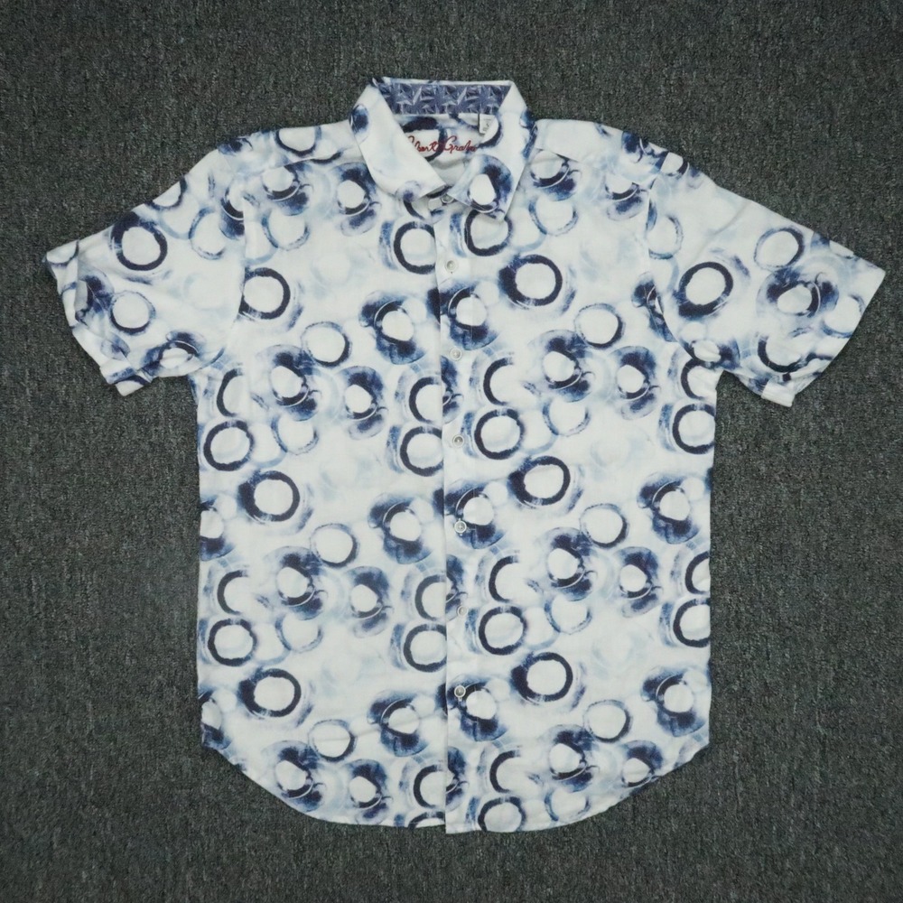 Robert Graham Shirt Mens Small White Blue Geo Abstract Short Sleeve Linen Cotton